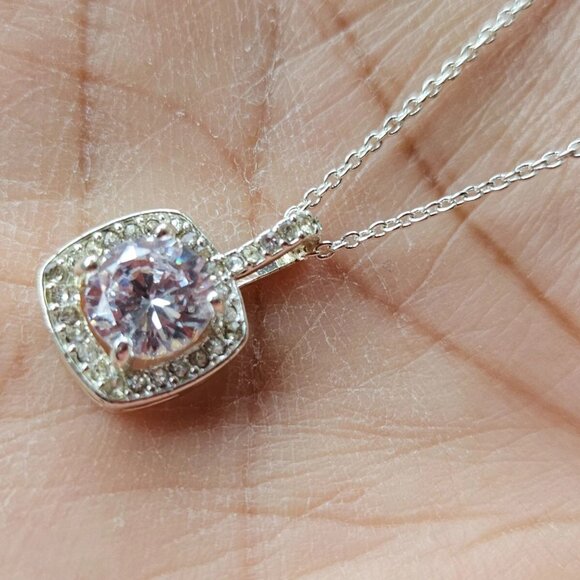 Fashion Necklace Silver Tone Pink Crystal Pendant Fashion Jewelry - Picture 11 of 13